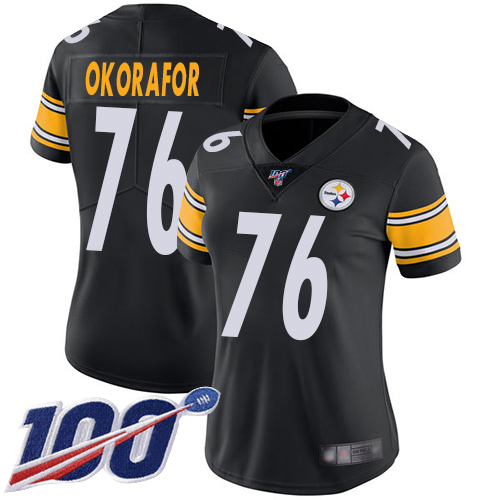 Women Pittsburgh Steelers Football #76 Limited Black Chukwuma Okorafor Home 100th Season Vapor Untouchable Nike NFL Jersey->women nfl jersey->Women Jersey